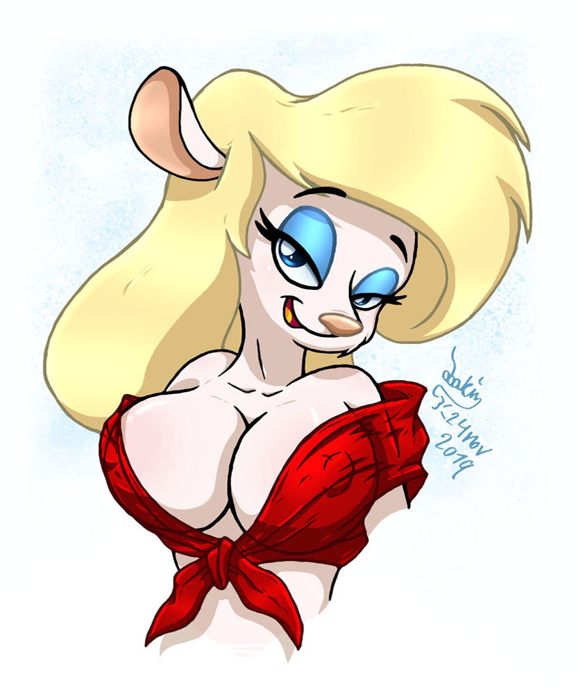 animaniacs anthro bedroom_eyes breasts bust_portrait cleavage clothed clothing female joakaha looking_at_viewer mammal minerva_mink mink mustelid musteline narrowed_eyes nipple_outline off_shoulder portrait seductive shirt solo tied_shirt topwear warner_brothers