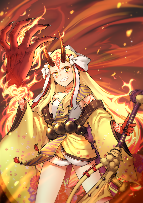 arm_up bare_shoulders blonde_hair collarbone commentary_request facial_mark fate/grand_order fate_(series) fire forehead_mark grin holding holding_sword holding_weapon horns ibaraki_douji_(fate/grand_order) japanese_clothes kimono long_hair long_sleeves niu_illuminator off_shoulder oni oni_horns short_kimono smile solo standing sword uneven_eyes very_long_hair weapon wide_sleeves yellow_eyes yellow_kimono