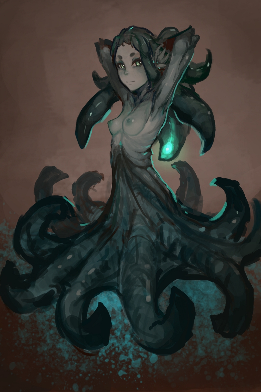 animal_humanoid breasts cephalopod cephalopod_humanoid female glowing green_eyes grey_body hands_behind_head hi_res humanoid looking_at_viewer marine marine_humanoid mollusk mollusk_humanoid nipples nude octopus_humanoid portals_of_phereon pseudo_hair small_breasts smile solo standing syvaron tentacle_hair tentacles