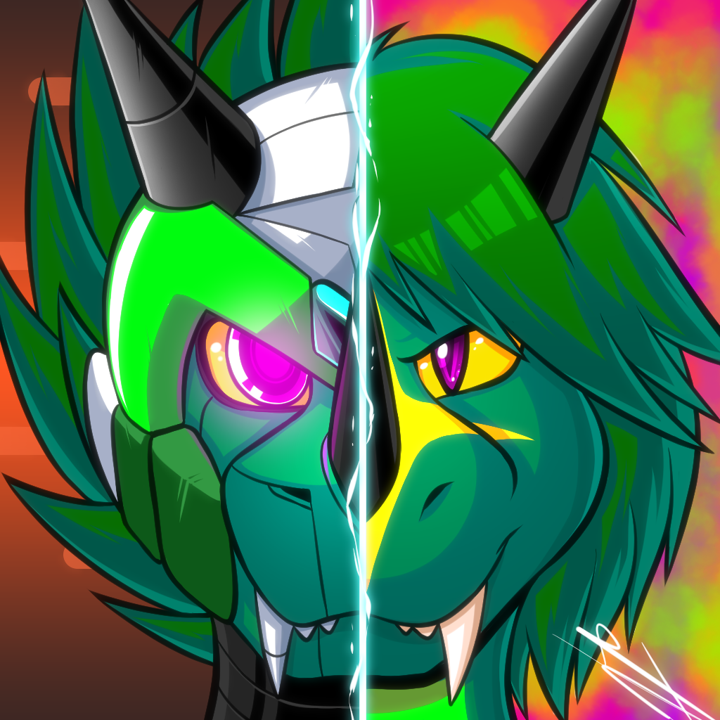 1:1 abstract_background black_body black_horn dragon euyoshi89 glowing glowing_eyes green_background green_body green_hair green_scales grey_body grin hair horn icon looking_at_viewer metallic_body nose_horn orange_background profile pupils purple_background red_background reploid scales scalie serpenna sharp_teeth simple_background slit_pupils smile teeth tusks western_dragon white_body yellow_body yellow_scales yellow_sclera