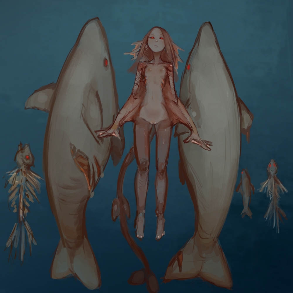 1:1 ambiguous_gender animal_humanoid bone crotch_lines female feral fin fish fish_humanoid fish_tail flat_chested genitals gills grey_body group head_fin humanoid magic_user marine marine_humanoid membrane_(anatomy) narah_(portals_of_phereon) necromancer nipples nude portals_of_phereon pussy red_eyes shark skeleton small_waist syvaron undead underwater water webbed_arms webbed_hands wounded zombie