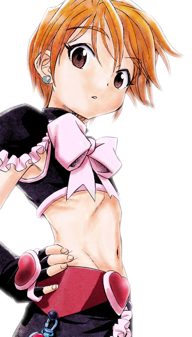 1girl armpit_crease bangs black_shirt black_skirt bow brown_eyes brown_hair commentary_request cowboy_shot crop_top cure_black earrings eyebrows_visible_through_hair fingerless_gloves flat_chest frilled_skirt frills futari_wa_precure gloves groin hair_between_eyes hand_on_hip heart heart_earrings jewelry looking_at_viewer magical_girl midriff navel nib_pen_(medium) parted_lips precure shirt short_hair sidelocks simple_background skirt sleeveless sleeveless_shirt solo standing traditional_media unno_hotaru white_background