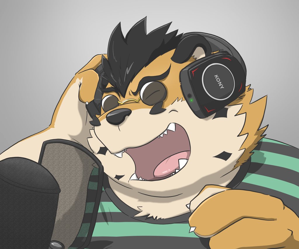 2020 anthro clothing eyes_closed eyewear felid glasses headphones hon55728 kemono male mammal overweight overweight_anthro overweight_male pantherine portrait shirt simple_background solo tiger topwear