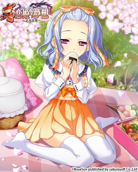 1girl blue_hair cherry_blossoms dress eating food forehead koihime_musou obentou onigiri orange_dress otogi_yuugi outdoors petals picnic red_eyes ribbon shirt short_dress short_hair sitting solo thighhighs toutaku white_legwear white_shirt