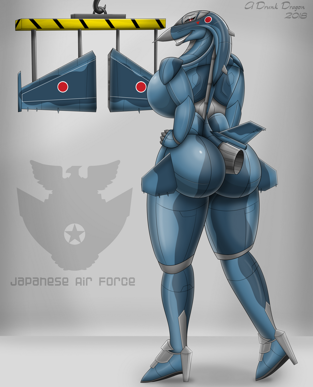 2018 a_drunk_dragon aircraft aircraft_humanoid big_butt blue_body blue_butt breasts butt digital_media_(artwork) female hi_res living_aircraft living_machine living_vehicle lockheed_martin machine mitsubishi mitsubishi_f-2 monotone_butt multicolored_body plantigrade rika_(rikayamoto) round_butt silver_body smile solo teeth two_tone_body vehicle