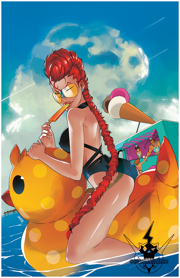 1boy 2girls ass black_swimsuit blue_sky braid breasts cloud cloudy_sky crimson_viper day earrings english_commentary fingernails flat_ass floating food ground_vehicle hibiki_dan ice_cream jewelry kasugano_sakura large_breasts lips long_braid looking_at_viewer mature metalhanzo motor_vehicle multiple_girls ocean one-piece_swimsuit one_eye_closed pier pompadour popsicle red_hair rubber_duck single_braid sky solo_focus street_fighter street_fighter_iv_(series) swimsuit tan van water watermark