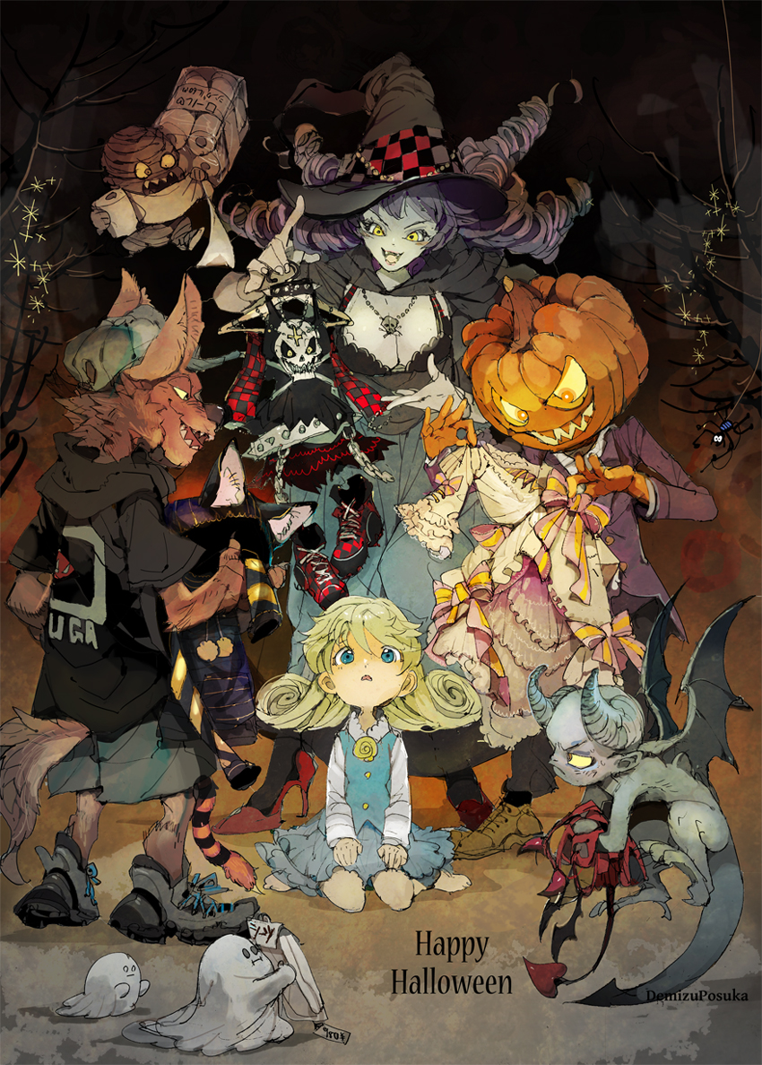 2girls 3boys animal_ears artist_name barefoot baseball_cap black_dress black_footwear black_hoodie black_legwear blonde_hair blue_eyes blue_skirt blue_vest bow breasts brown_footwear bug checkered_footwear cleavage cross curly_hair demizu_posuka demon_boy demon_horns demon_wings dress drill_hair english_text fake_animal_ears fake_horns fang ghost halloween halloween_costume happy_halloween hat high_heels holding holding_clothes hood hoodie horns inverted_cross jack-o'-lantern jacket jewelry long_hair long_sleeves medium_breasts monster multiple_boys multiple_girls mummy open_mouth original pantyhose pendant pink_bow purple_hair purple_jacket purple_suit red_footwear sharp_teeth shirt shoes short_sleeves sitting skirt skull_necklace skull_print smile sneakers spider surrounded tail take_your_pick teeth toilet_paper vest wariza werewolf white_dress white_shirt wings witch witch_hat wolf_tail yellow_eyes yellow_sclera