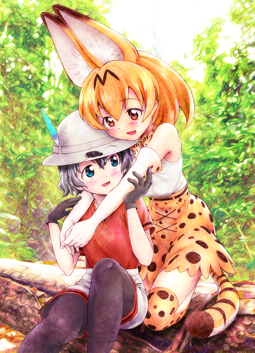 2girls arms_around_neck bangs black_gloves black_hair black_legwear blonde_hair blue_eyes blush bow bowtie commentary_request day elbow_gloves eyebrows_visible_through_hair flower gloves grey_shorts hat hat_flower helmet high-waist_skirt highres hug hug_from_behind kaban_(kemono_friends) kemono_friends knee_up kneeling legwear_under_shorts looking_at_another looking_back miniskirt multiple_girls nib_pen_(medium) open_mouth orange_eyes outdoors pantyhose partial_commentary pith_helmet print_legwear print_neckwear print_skirt red_shirt serval_(kemono_friends) shirt short_sleeves shorts sitting skirt sleeveless sleeveless_shirt smile traditional_media tree_branch unno_hotaru white_gloves white_headwear white_shirt yellow_legwear yellow_neckwear yellow_skirt yuri