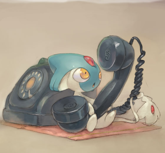 :o azelf baketu commentary_request gen_4_pokemon holding holding_phone legendary_pokemon looking_at_object no_humans open_mouth orange_eyes phone pokemon pokemon_(creature) rotary_phone solo tongue