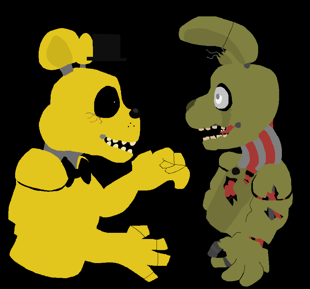 ambiguous_gender animatronic anthro bow_tie clothing duo eye_contact five_nights_at_freddy's five_nights_at_freddy's_3 floating freckles golden_freddy_(fnaf) green_body hat headgear headwear lagomorph leporid looking_at_another machine mammal ms_paint multicolored_body open_mouth rabbit raised_arm robot scurryy springtrap_(fnaf) tagme ursid ursine video_games white_eyes yellow_body