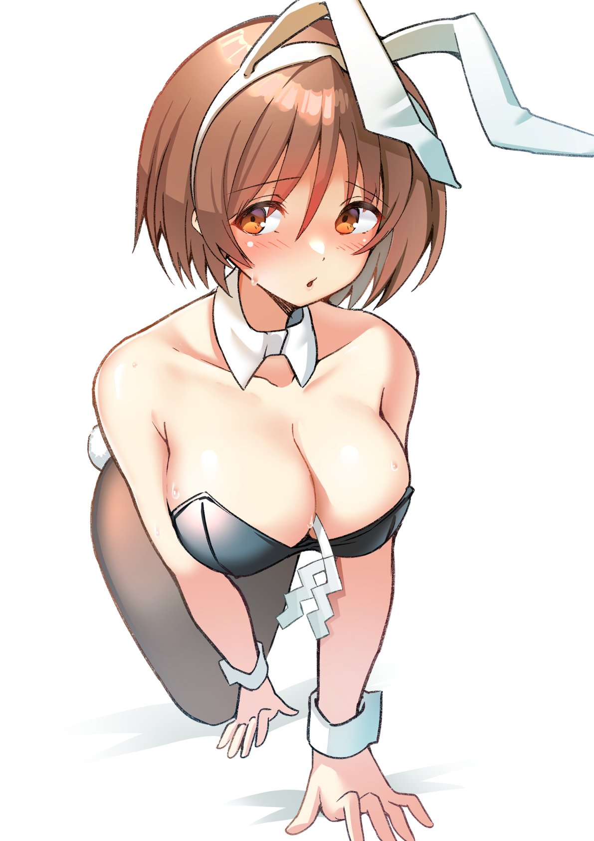 1girl all_fours animal_ears bangs black_legwear black_leotard blush breasts brown_eyes brown_hair bunny_ears bunny_tail eyebrows_visible_through_hair fake_animal_ears hair_between_eyes highres kantai_collection leotard natori_(kantai_collection) pantyhose parted_lips playboy_bunny sasorichamaru short_hair simple_background sketch solo sweat tail white_background wrist_cuffs