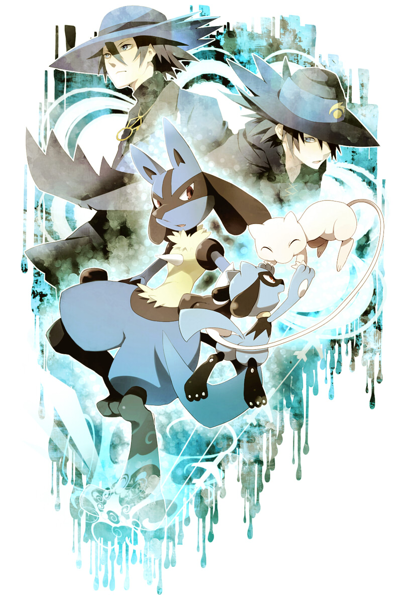 2boys bangs black_hair blue_headwear closed_mouth commentary_request dual_persona gen_1_pokemon gen_4_pokemon hair_between_eyes hat highres jacket lucario mew multiple_boys mythical_pokemon pokemon pokemon_(anime) pokemon_(creature) pokemon_(game) pokemon_dppt pokemon_m08 pokemon_rse_(anime) riley_(pokemon) riolu sir_aaron tore_(ksg666xxx)