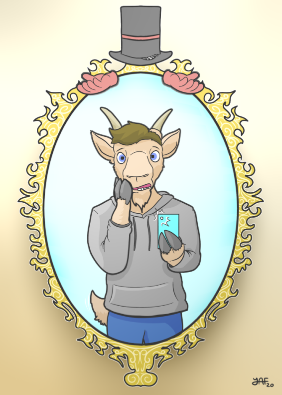 anthro blue_eyes bovid brown_hair calvin caprine clothing cloven_hooves goat hair hooves male mammal mirror sweater topwear transformation werenimal yafath