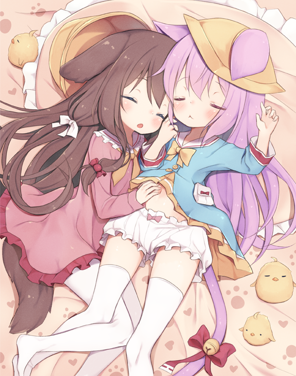 2girls :&lt; animal_ears arashiya arm_up azur_lane bed bell bird bloomers blue_shirt brown_hair cat_ears cat_tail chick child closed_eyes commission commissioner_upload cuddling dog_ears dog_tail dress face-to-face fumizuki_(azur_lane) hand_on_another's_stomach hat headwear headwear_removed jingle_bell kindergarten_uniform kisaragi_(azur_lane) legs lifted_by_another long_hair lying manjuu_(azur_lane) multiple_girls navel on_back on_side open_mouth pantyhose pillow pink_dress pink_hair ribbon school_hat school_uniform serafuku shirt short_dress skirt skirt_lift sleeping tail tail_ornament tail_ribbon thighhighs thighs underwear white_legwear yellow_headwear yellow_skirt