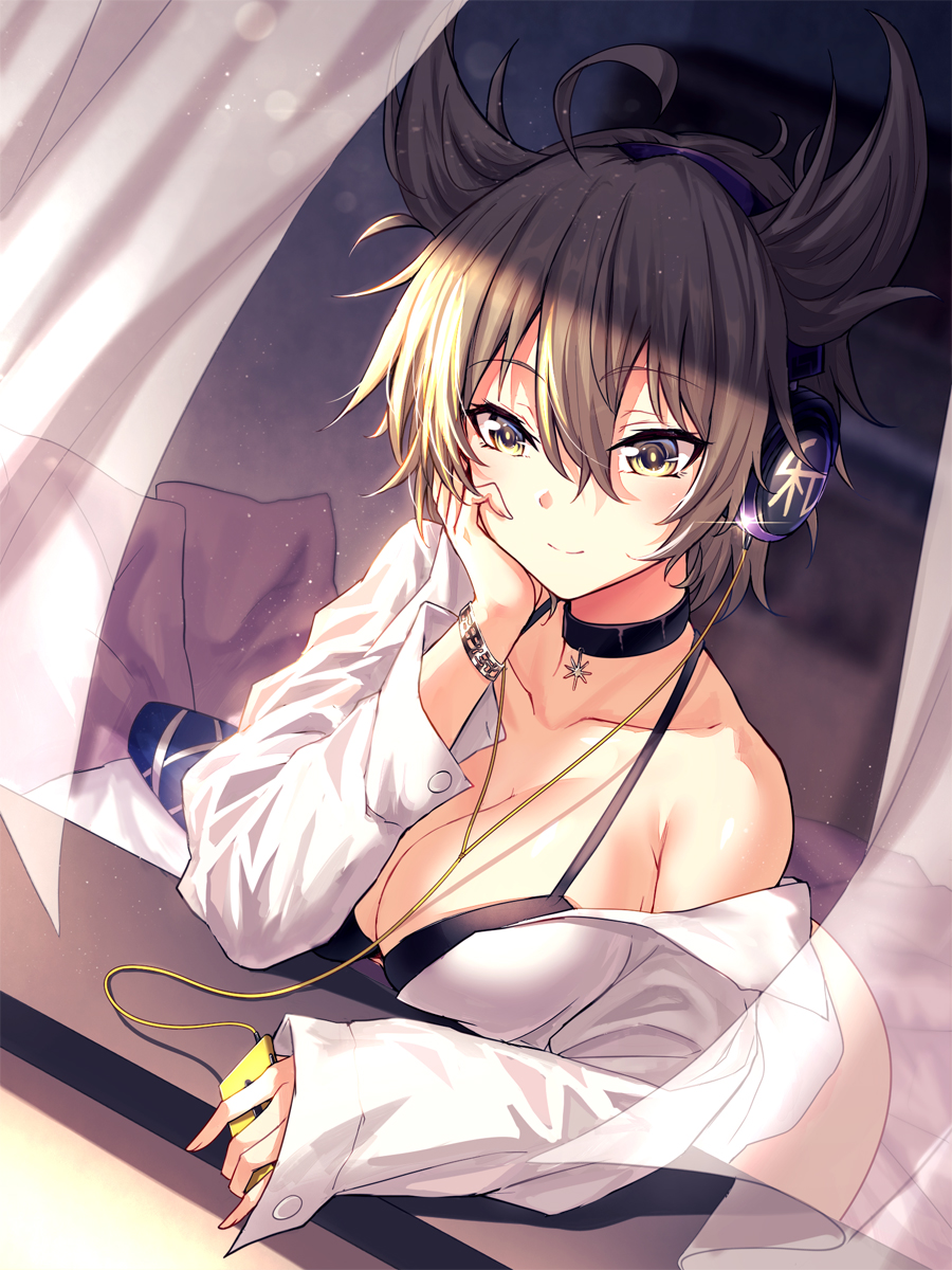 1girl ahoge bangs bare_shoulders black_bra black_choker bra breasts brown_hair cable choker cleavage commentary curtains earmuffs english_commentary eyebrows_visible_through_hair hand_up head_rest highres indoors koissa long_sleeves off_shoulder pointy_hair shirt short_hair smile solo touhou toyosatomimi_no_miko underwear white_shirt yellow_eyes