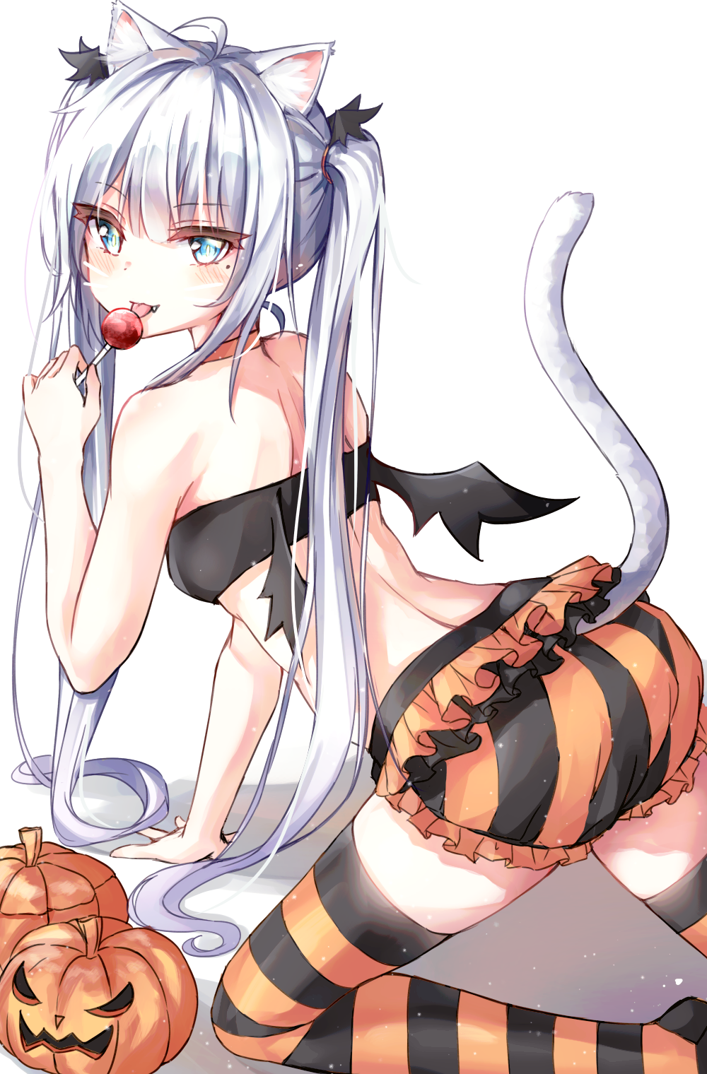 1girl ahoge all_fours animal_ears ass bandeau bangs bare_arms bare_shoulders bat_wings beliatan black_bandeau black_legwear black_shorts blue_eyes blush breasts candy cat_ears cat_girl cat_tail choker commentary eyebrows_visible_through_hair fake_wings fang food frills hair_ornament halloween hand_up highres holding holding_candy holding_food holding_lollipop jack-o'-lantern lollipop long_hair looking_at_viewer mole mole_under_eye orange_choker orange_legwear orange_shorts original pumpkin shorts sidelocks silver_hair simple_background small_breasts solo striped striped_legwear striped_shorts tail thighhighs tongue tongue_out twintails very_long_hair white_background wings