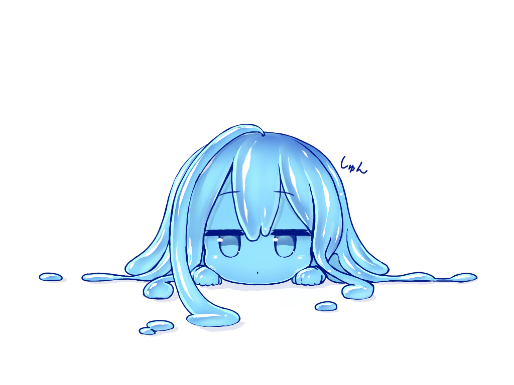 1girl ahoge blue_eyes blue_hair blue_sclera blue_skin closed_mouth dot_mouth huge_ahoge jitome kixyuresu looking_at_viewer lying melting monster_girl on_stomach original simple_background slime_girl solo white_background