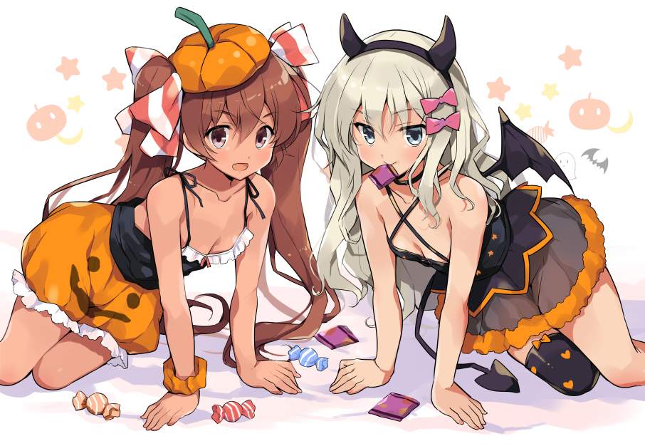 2girls all_fours bangs black_legwear blonde_hair blue_eyes breasts brown_hair candy crescent dress fake_horns fang food ghost grecale_(kantai_collection) hair_ribbon halloween halloween_costume horns jack-o'-lantern kantai_collection libeccio_(kantai_collection) long_hair mouth_hold multiple_girls odawara_hakone open_mouth ribbon scrunchie simple_background single_thighhigh small_breasts star_(symbol) tail tan thighhighs twintails white_background wings wrist_scrunchie