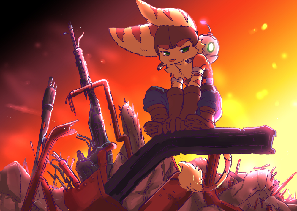 anthro big_ears brown_body brown_fur clank_(ratchet_&amp;_clank) clothing duo felid feline fur gloves green_eyes grey_body handwear humanoid junkyard kemono lombax machine male mammal positive_wishes_(artist) ratchet ratchet_and_clank robot smile sony_corporation sony_interactive_entertainment stripes video_games