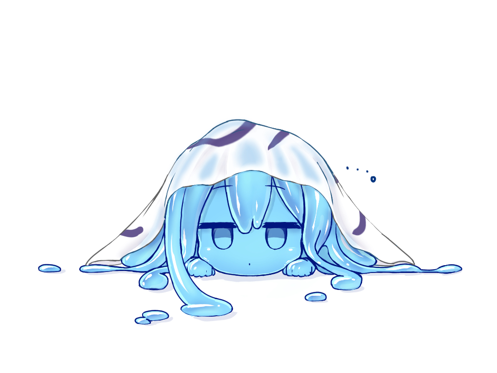 ... 1girl ahoge blue_eyes blue_hair blue_sclera blue_skin closed_mouth dot_mouth huge_ahoge jitome kixyuresu looking_at_viewer lying melting monster_girl name_tag on_stomach original simple_background slime_girl solo white_background