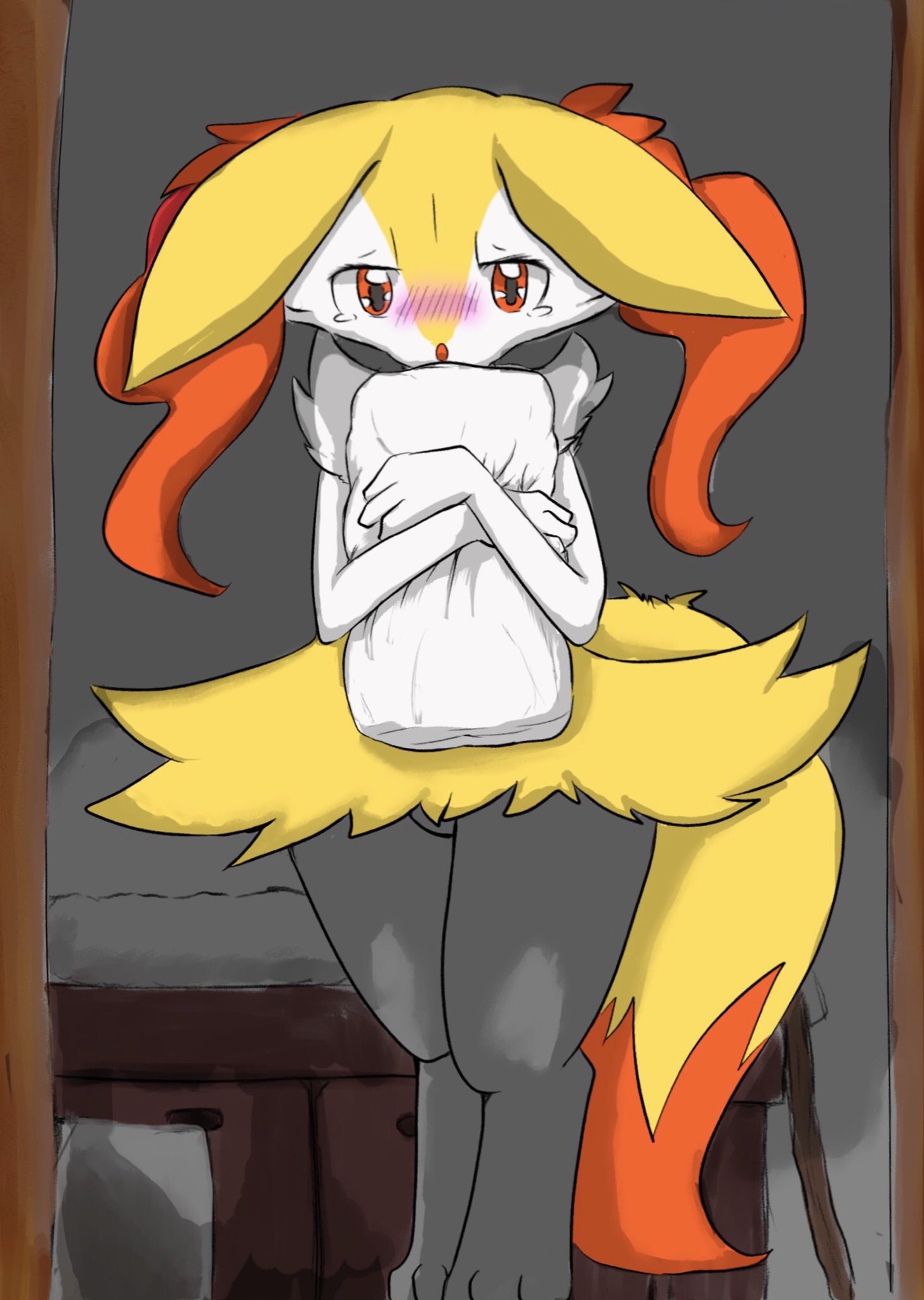2020 ambiguous_gender big_ears blush bodily_fluids braixen chest_tuft cute_expression eiroru emanata fluffy fluffy_tail front_view fur gift hi_res hip_tuft hugging_pillow inner_ear_fluff long_tail looking_at_viewer multicolored_body multicolored_fur multicolored_tail nintendo pillow pok&eacute;mon pok&eacute;mon_(species) portrait red_eyes semi-anthro shoulder_tuft simple_background solo standing tears tuft video_games white_body white_fur