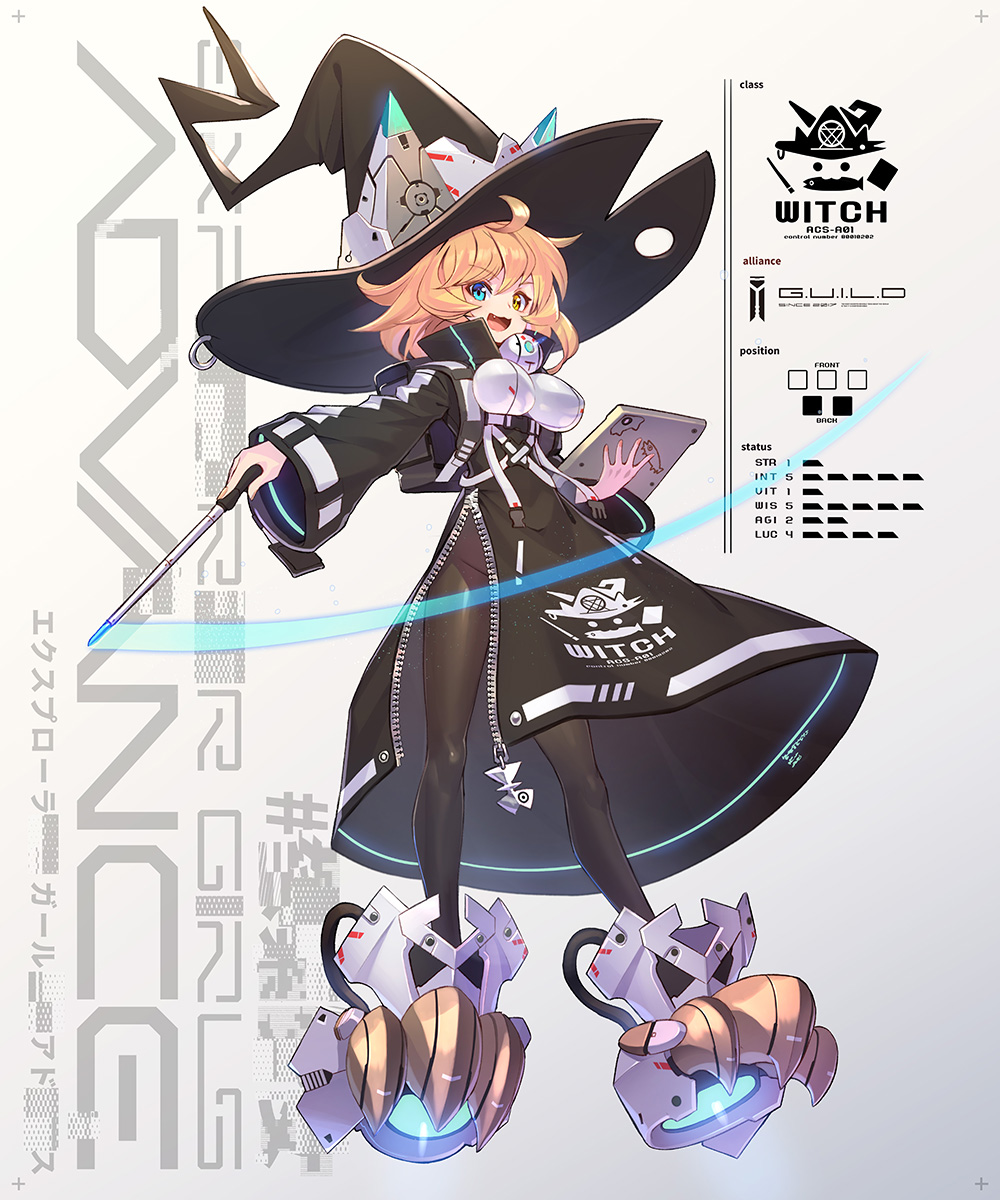 1girl :3 :d ahoge backpack bag blonde_hair blue_eyes breasts eyebrows_visible_through_hair fang full_body hat heterochromia highres jet_boots large_breasts looking_at_viewer mecha_musume nadare-san_(nadare3nwm) open_mouth original pantyhose science_fiction side_slit smile solo tablet_pc wand witch witch_hat yellow_eyes zipper zipper_pull_tab