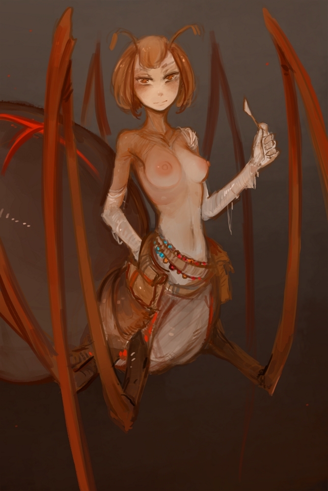 antennae_(anatomy) arachnid arachnid_taur arthropod arthropod_taur arthropod_webbing bangs breasts brown_eyes clothed clothing female hair looking_at_viewer medical_instrument medium_breasts navel partially_clothed portals_of_phereon scalpel scientific_instrument short_hair solo spider spider_taur surgical_instrument syvaron taur