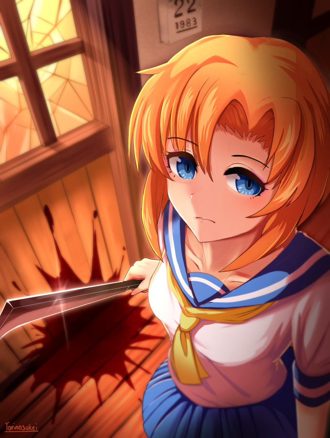 1girl arm_up artist_name blonde_hair blood blood_splatter blue_eyes blue_sailor_collar blue_skirt breasts broken_window collarbone commentary_request expressionless eyebrows_visible_through_hair from_above glint hatchet higurashi_no_naku_koro_ni holding_hatchet indoors looking_at_viewer medium_breasts neckerchief oriental_hatchet ryuuguu_rena sailor_collar school_uniform serafuku short_hair short_sleeves skirt solo standing sunset torinosuke upper_body yellow_neckwear