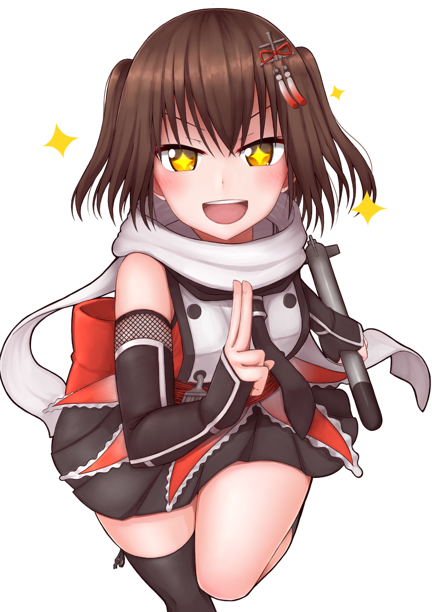 +_+ 1girl black_gloves black_legwear black_neckwear black_skirt brown_eyes brown_hair commentary_request cowboy_shot double-breasted elbow_gloves fingerless_gloves gloves highres kantai_collection looking_at_viewer necktie night_battle_idiot orange_serafuku remodel_(kantai_collection) scarf school_uniform sendai_(kantai_collection) serafuku simple_background single_thighhigh skirt smile solo thighhighs tiemu_(man190) two_side_up upper_body white_background white_scarf
