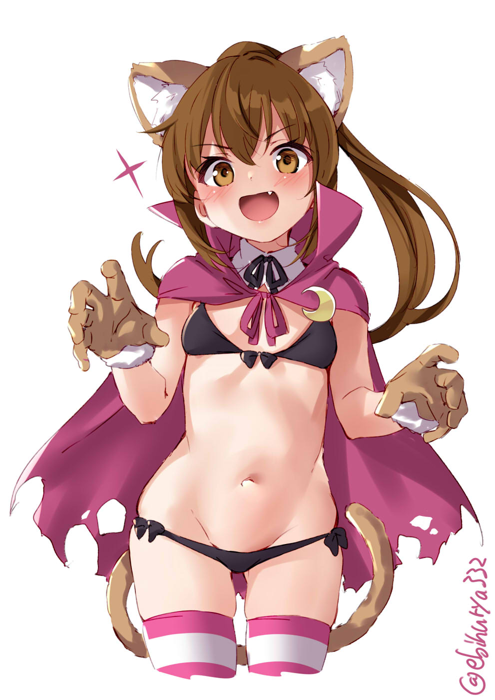 1girl :d animal_ears black_bra black_panties blush bra brown_eyes brown_gloves brown_hair cape crescent_moon cropped_legs ebifurya eyebrows_visible_through_hair fang fumizuki_(kantai_collection) gloves groin hair_between_eyes halloween halloween_costume highres kantai_collection long_hair moon navel open_mouth panties ponytail purple_cape simple_background smile solo striped striped_legwear tail thighhighs torn_cape torn_clothes twitter_username underwear v-shaped_eyebrows white_background