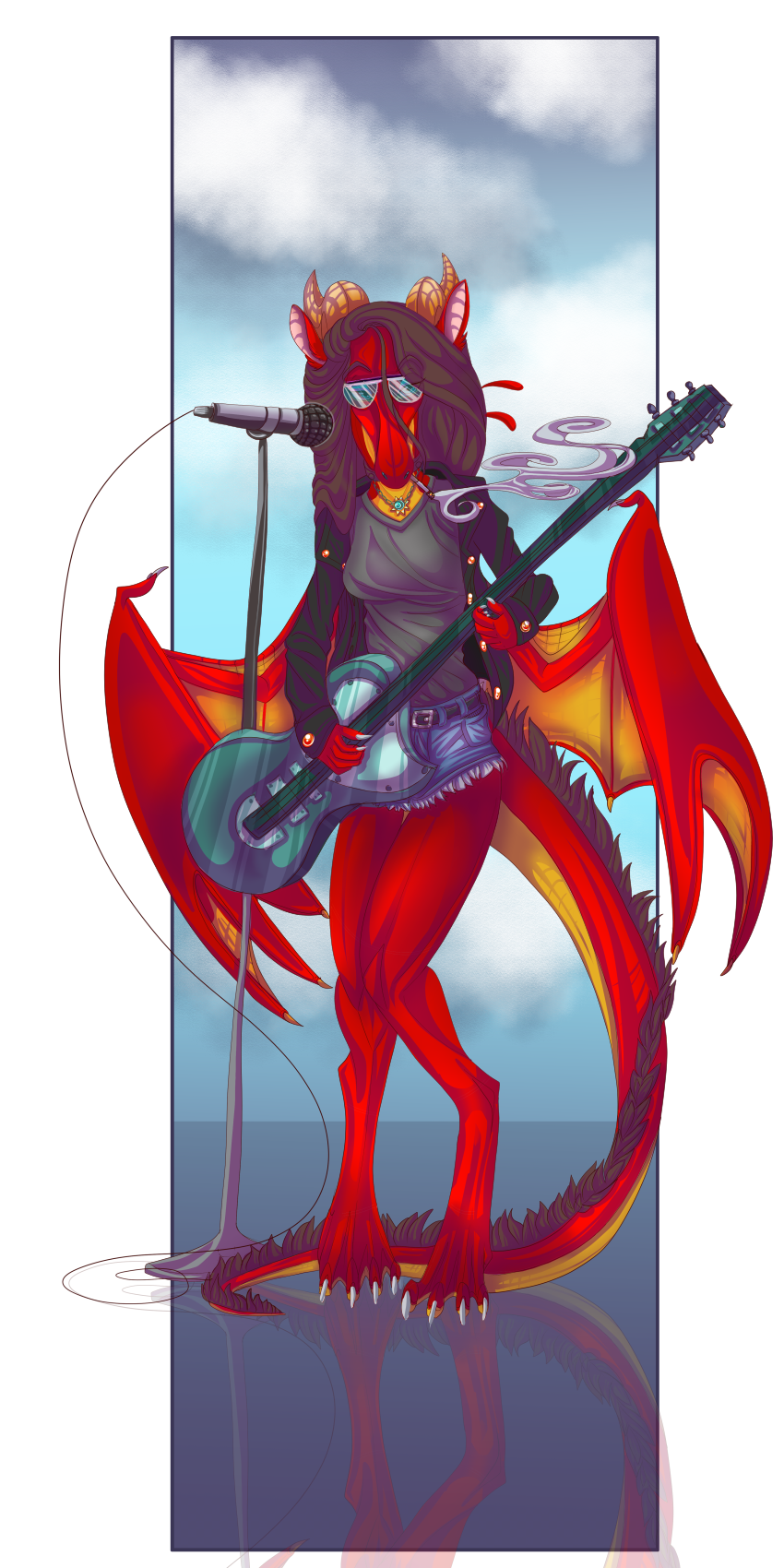 2020 4_toes 5_fingers anthro breasts claws clothed clothing digital_media_(artwork) dragon female fingers guitar hi_res horn membrane_(anatomy) membranous_wings microphone musical_instrument naffiro non-mammal_breasts plucked_string_instrument scalie smoking solo string_instrument toes western_dragon wings