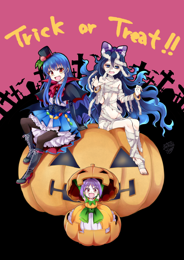 3girls alternate_costume arm_support arms_up artist_name bandages bangle bat black_legwear blue_eyes blue_hair blue_skirt boots bow bowtie bracelet claw_pose commentary_request cross dated elbow_gloves eyebrows_visible_through_hair fang food fruit full_body gloves graveyard green_bow green_gloves hair_bow halloween halloween_costume hands_up hat high_heel_boots high_heels hinanawi_tenshi jack-o'-lantern jewelry leaf long_hair looking_at_viewer mikagami_hiyori mini_hat mini_top_hat minigirl miniskirt multiple_girls mummy_costume naked_bandage navel open_mouth pantyhose peach petticoat pumpkin purple_eyes purple_hair rainbow_order red_bow red_eyes red_neckwear signature sitting skirt smile sukuna_shinmyoumaru tombstone top_hat touhou trick_or_treat two-tone_background vampire_costume very_long_hair yorigami_shion