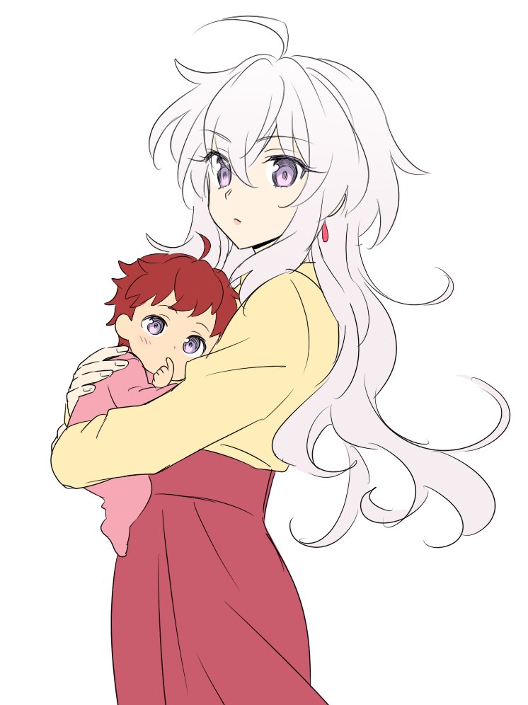 1boy 1girl ahoge baby carrying earrings if_they_mated jewelry lanlanlap light_purple_hair long_sleeves mother_and_son older purple_eyes red_hair senki_zesshou_symphogear senki_zesshou_symphogear_xd_unlimited white_background yukine_chris