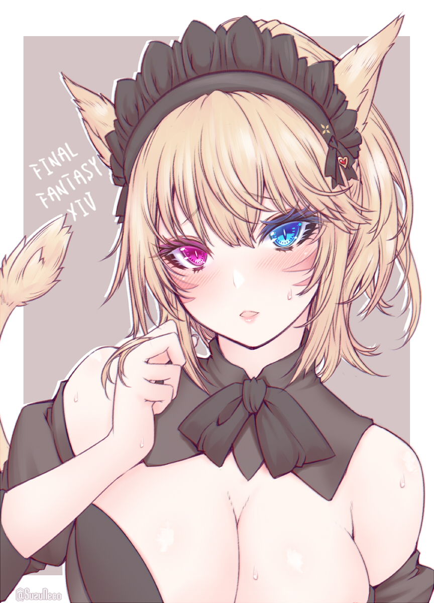1girl animal_ears bangs blonde_hair blush border breasts cat_ears cat_tail cleavage detached_collar eyebrows_visible_through_hair final_fantasy final_fantasy_xiv heterochromia highres large_breasts looking_at_viewer maid_headdress miqo'te open_mouth outside_border short_hair solo strapless suzuneko_(yume_no_kyoukai) tail two-tone_background upper_body white_border