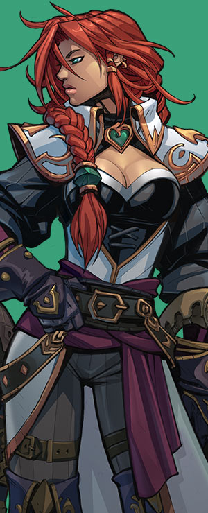 1girl braid braided_ponytail breasts captain_fortune cleavage cowboy_shot green_background green_eyes league_of_legends official_art pirate_costume promotional_art red_hair ruined_king:_a_league_of_legends_story sarah_fortune simple_background