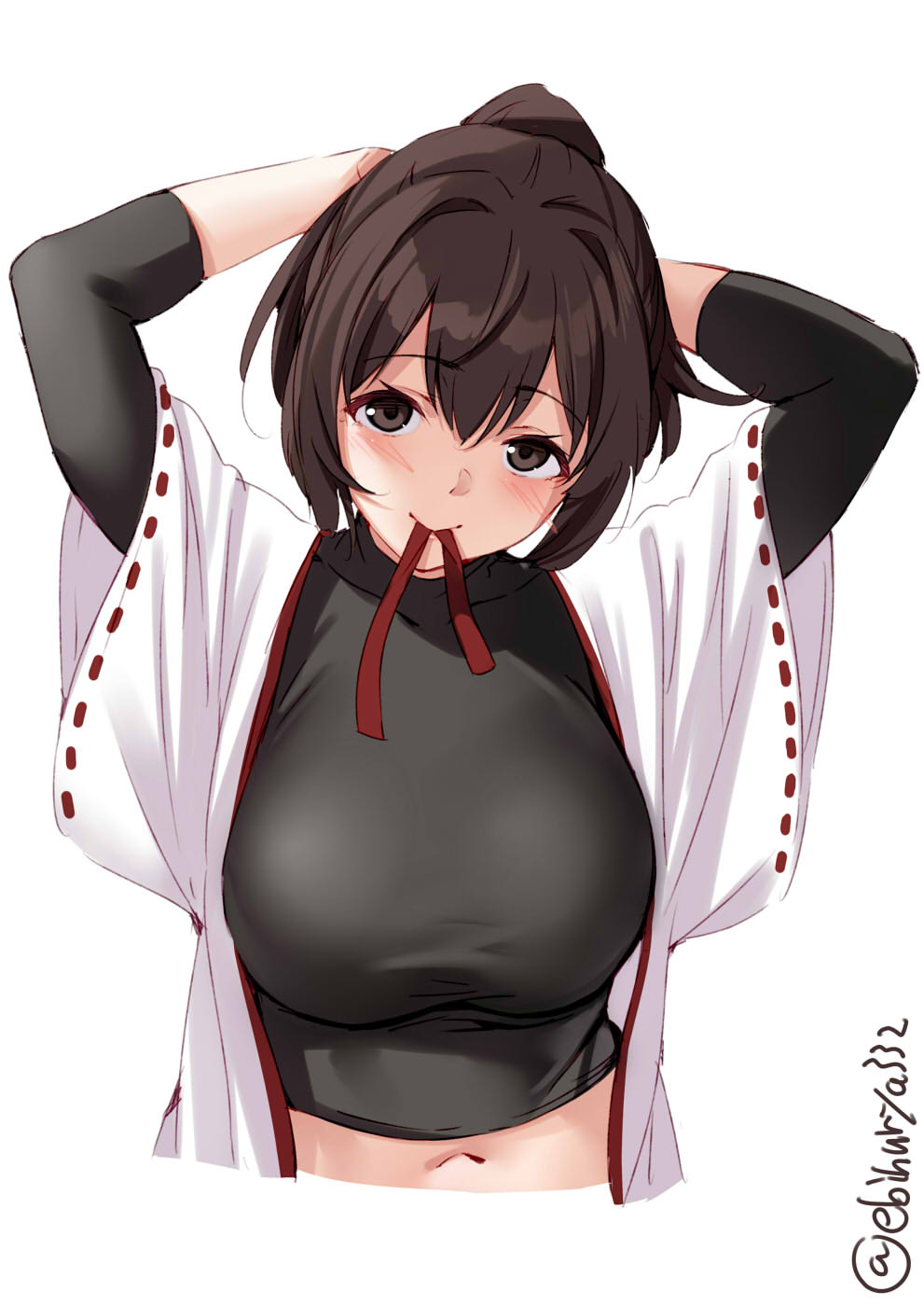 1girl blush breasts brown_eyes brown_hair cowboy_shot ebifurya hair_ribbon hakama highres ise_(kantai_collection) japanese_clothes kantai_collection large_breasts mouth_hold navel nontraditional_miko ponytail ribbon ribbon_in_mouth sash short_hair skin_tight twitter_username tying_hair white_background