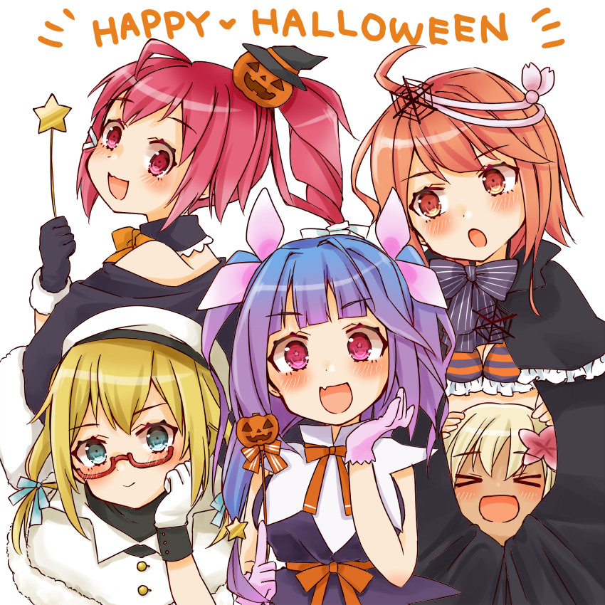 5girls :d alternate_costume blonde_hair blush closed_eyes cocoperino commentary eyebrows_visible_through_hair fang food_themed_hair_ornament glasses gloves hair_ornament hair_ribbon halloween halloween_costume happy_halloween hat i-19_(kantai_collection) i-58_(kantai_collection) i-8_(kantai_collection) jack-o'-lantern kantai_collection long_hair looking_at_another looking_at_viewer multiple_girls open_mouth pink_eyes pink_hair pumpkin_hair_ornament purple_hair red_eyes ribbon ro-500_(kantai_collection) short_hair simple_background skin_fang smile twintails white_background witch_hat