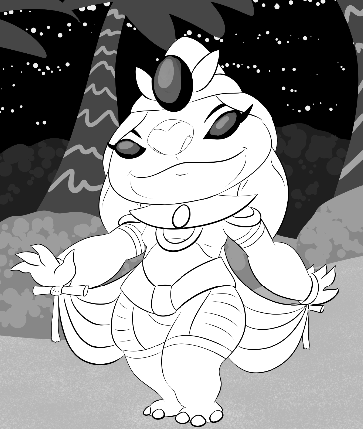 2020 3_toes 4_fingers alien artbro cleopatra clothed clothing cosplay costume crossdressing digital_drawing_(artwork) digital_media_(artwork) disney experiment_(lilo_and_stitch) eyebrows eyelashes fingers greyscale headgear headwear heat_(lilo_and_stitch) lilo_and_stitch midriff monochrome night palm_tree semi-anthro smile solo toes tree
