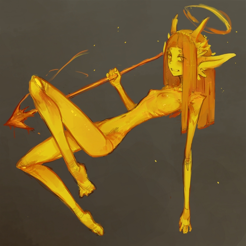 1:1 breasts circle_eyebrows demon eyebrows female floating hair halo horn humanoid humanoid_pointy_ears looking_at_viewer melee_weapon navel nipples not_furry nude orange_hair polearm portals_of_phereon ribs small_breasts small_waist smile solo spear syvaron weapon yellow_body yellow_eyes yellow_skin