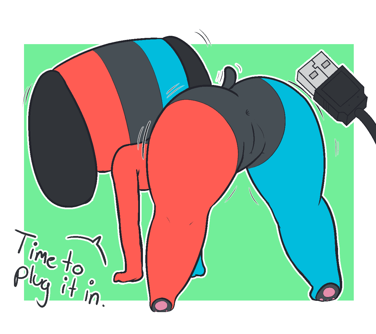 all_fours animate_inanimate anthro anus bent_over big_butt butt cable canid dialogue english_text female flat_chested genitals mammal nintendo nintendo_switch nude pawpads plug pussy rear_view short_stack simple_background smolseto solo switch_dog text thick_thighs usb usb_cable video_games wide_hips