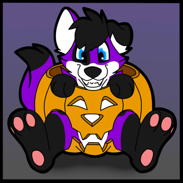 1:1 anthro black_border black_hair black_paws blue_eyes border canid canine canis domestic_dog elkhound food fruit fur hair halloween holidays male mammal pawalo pawpads paws plant pumpkin purple_body purple_fur resiakai smile solo spitz teeth