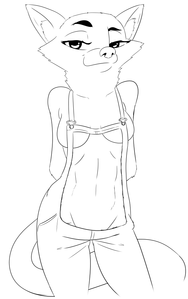 akiric anthro black_and_white breasts canid canine clothed clothing female fox line_art mammal monochrome overalls side_boob simple_background skimpy small_breasts solo under_boob v-cut white_background