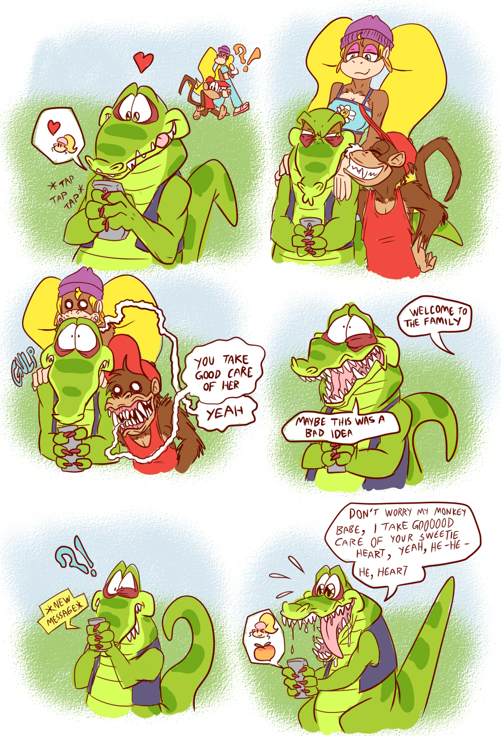 alligator alligatorid anthro comic crocodile crocodilian crocodylid diddy_kong diddy_kong_racing donkey_kong_(series) english_text female group haplorhine hi_res kong kremling krunch_the_kremling male male/female mammal monkey nintendo primate rare_ltd rareware reptile scalie shesamonkey text tiny_kong video_games