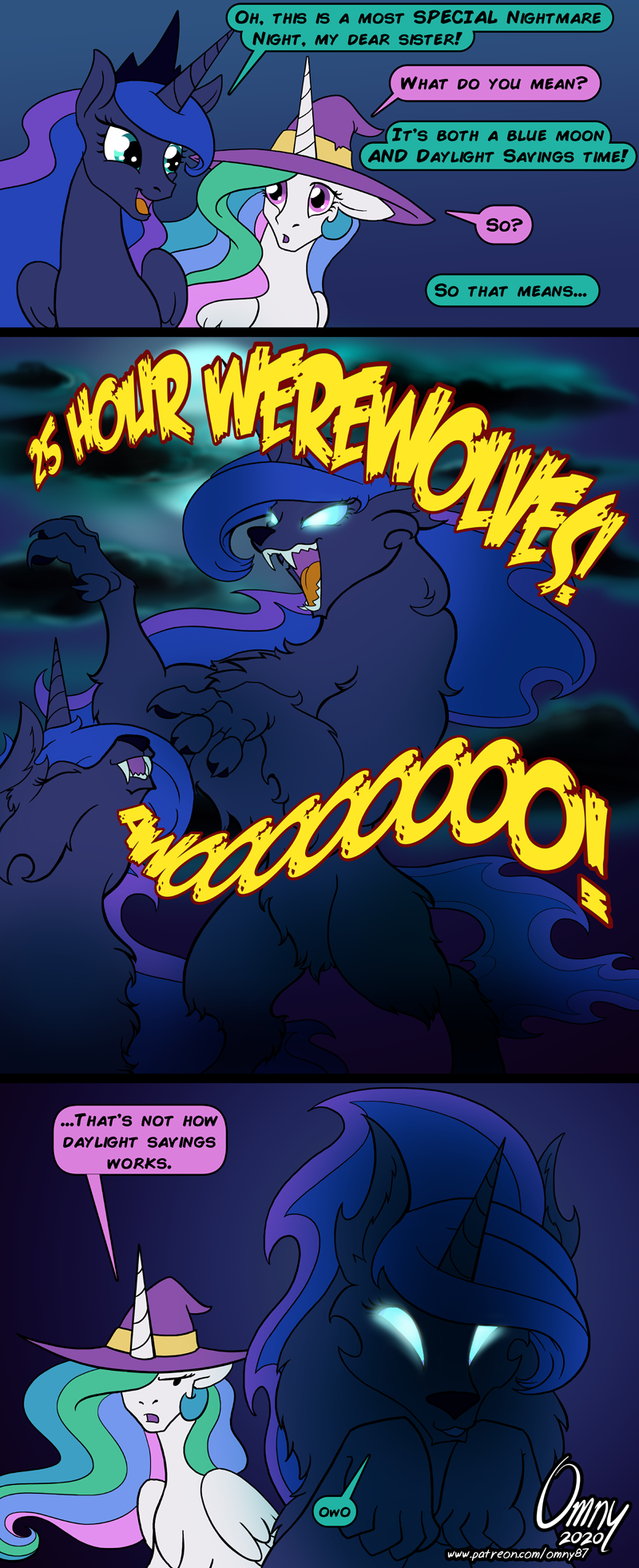 blue_eyes canid canine canis clothing comic dialogue english_text equid fangs female friendship_is_magic glowing glowing_eyes hasbro hat headgear headwear hi_res horn howl hybrid mammal my_little_pony omny87 owo princess_celestia_(mlp) princess_luna_(mlp) text were werecanid winged_unicorn wings witch_hat wolf