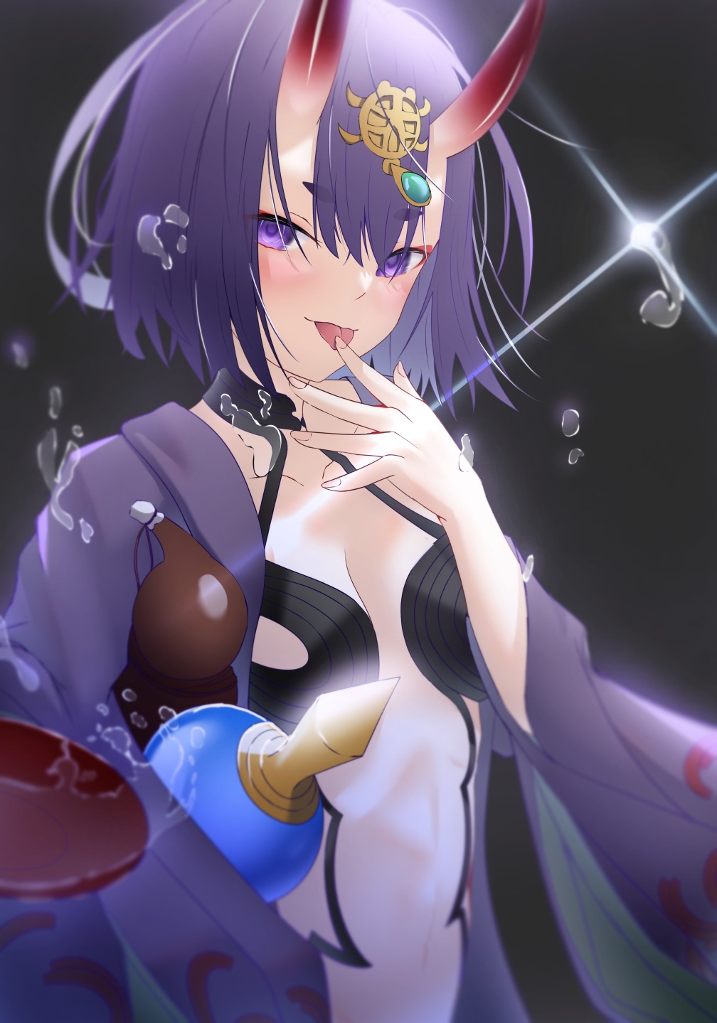 1girl bangs blush bob_cut breasts cup eyeliner fate/grand_order fate_(series) gourd headpiece highres horns japanese_clothes kimono looking_at_viewer makeup oni oni_horns open_clothes open_kimono purple_eyes purple_hair purple_kimono revealing_clothes sakazuki short_hair shuten_douji_(fate/grand_order) skin-covered_horns small_breasts smile tongue tongue_out yamada_(yamadadesuyo212)