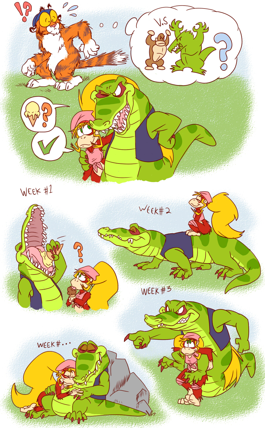 alligator alligatorid anthro barbary_macaque comic crocodile crocodilian crocodylid diddy_kong_racing dixie_kong donkey_kong_(series) duo felid female haplorhine hi_res kremling krunch_the_kremling male male/female mammal monkey nintendo pantherine primate rare_ltd rareware reptile scalie shesamonkey tiger timber_the_tiger timber_tiger video_games