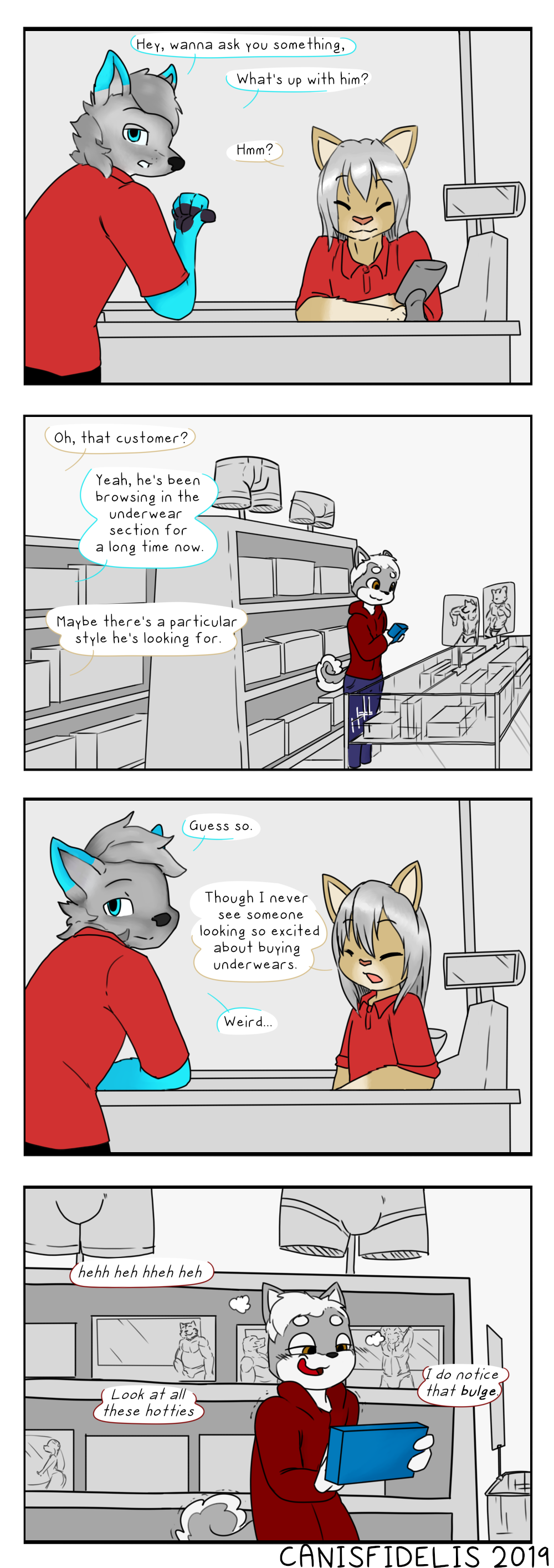 absurd_res anthro blue_body blue_fur bulge canid canine canis canis_(canisfidelis) canisfidelis cash_register clothing comic domestic_dog english_text fantasizing fur grey_body grey_fur hi_res humor male mammal multicolored_body multicolored_fur shiba_inu shopping spitz store text two_tone_body two_tone_fur underwear