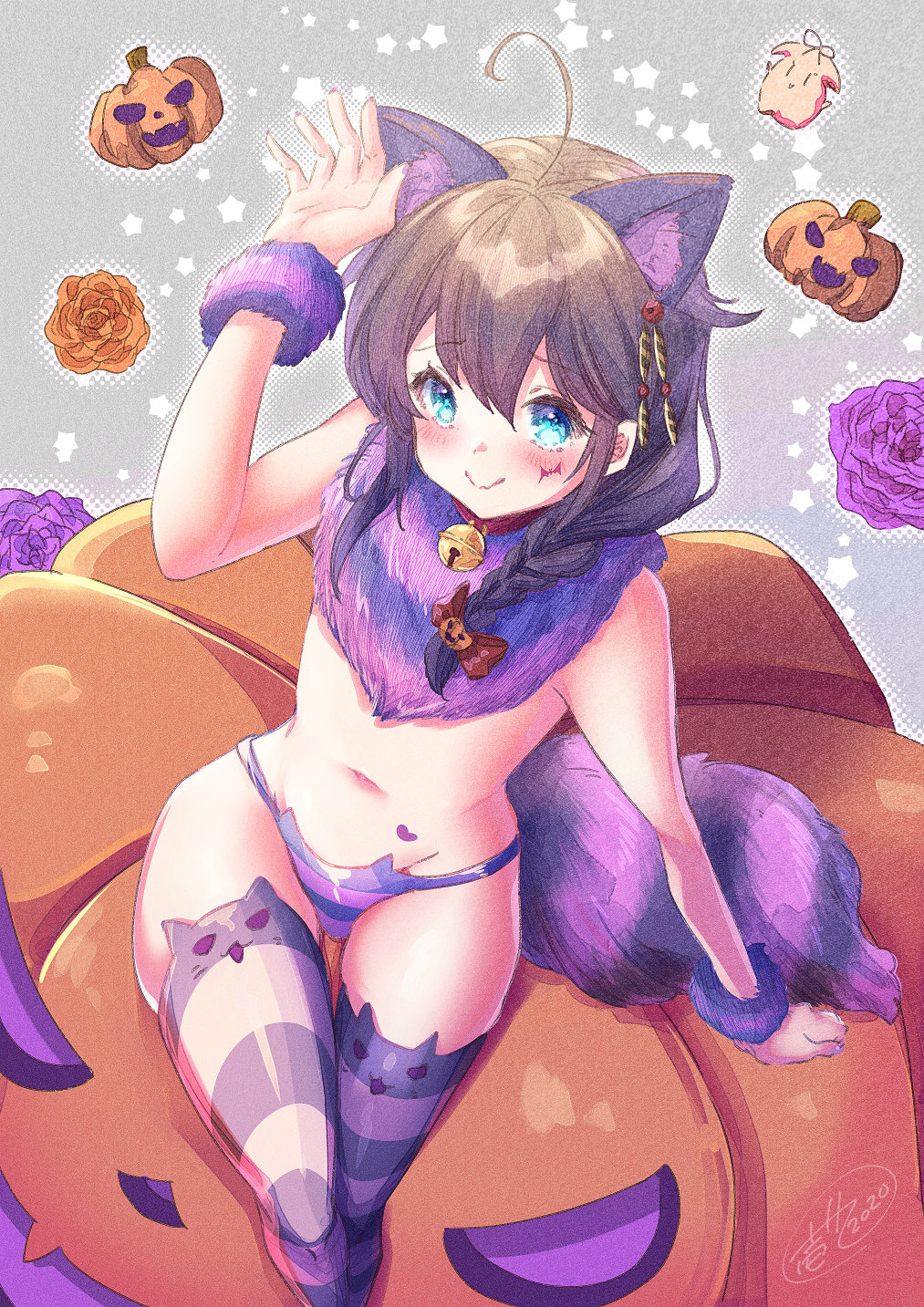 1girl 2020 ahoge bad_anatomy bad_arm bell blue_eyes blush braid brown_hair closed_mouth commentary_request eyebrows_visible_through_hair feet_out_of_frame groin hair_between_eyes hair_flaps halloween halloween_costume highres ittokyu jack-o'-lantern jingle_bell kantai_collection long_hair navel remodel_(kantai_collection) shigure_(kantai_collection) signature single_braid smile solo striped striped_legwear thighhighs