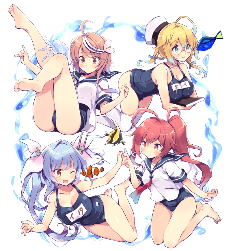 4girls ahoge animal bare_legs barefoot black_swimsuit blonde_hair blue_hair blue_sailor_collar blue_swimsuit blush book breasts cleavage closed_mouth clownfish collarbone dated eyebrows_visible_through_hair fang feet fish freediving full_body glasses gradient_hair green_eyes hair_between_eyes hair_ribbon hat i-168_(kantai_collection) i-19_(kantai_collection) i-58_(kantai_collection) i-8_(kantai_collection) jellyfish kantai_collection large_breasts long_hair low_twintails multicolored_hair multiple_girls name_tag neckerchief odawara_hakone one-piece_swimsuit one_eye_closed peaked_cap pink_eyes pink_hair pink_neckwear ponytail red-framed_eyewear red_eyes red_hair red_neckwear ribbon sailor_collar school_swimsuit school_uniform serafuku short_hair short_sleeves simple_background skin_fang smile soles star-shaped_pupils star_(symbol) swimsuit swimsuit_under_clothes symbol-shaped_pupils thighhighs toes tri_tails twintails twitter_username underwater white_background white_headwear white_legwear yellow_eyes