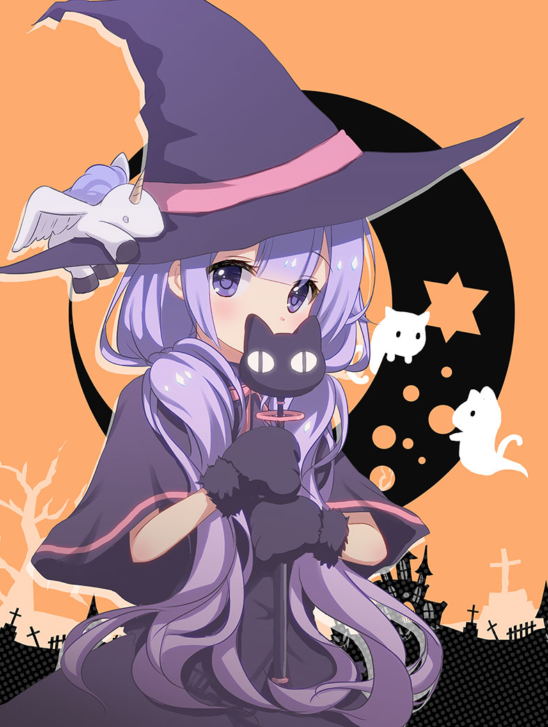 &lt;|&gt;_&lt;|&gt; 1girl azur_lane bangs black_capelet black_dress black_gloves black_headwear brown_background capelet commentary_request covered_mouth crescent_moon dress eyebrows_visible_through_hair fur-trimmed_gloves fur_trim ghost gloves halloween hat holding long_hair looking_at_viewer low_twintails moon paw_gloves paws purple_eyes purple_hair solo stuffed_alicorn stuffed_animal stuffed_toy sukireto twintails unicorn_(azur_lane) upper_body very_long_hair witch_hat